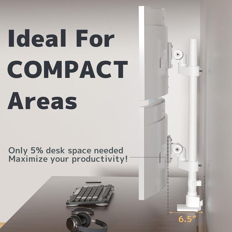 Putilsen Mount Dual Monitor-Arm Heavy Duty Ultrawide - 24-57 inch Vertical Dual Monitor Mount, Adjustable Stacked Double Monitor Desk Mount Stand, Max Load 59.4 lbs (per Screen), VESA 75/100 mm, White - Image 3